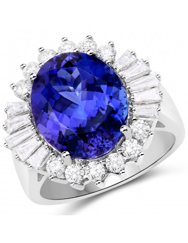 10.91 Carat Genuine Tanzanite and White Diamond 18K White Gold Ring Véritable concentré