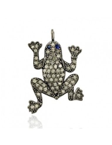 0.8ct Pave Diamond Frog Pendant Blue Sapphire 925 Silver Handmade Jewelry Gift hantent personnes