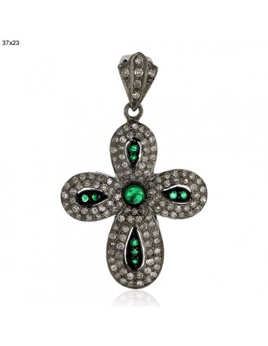 0.24ct Emerald Diamond Floral Cross Pendant 925 Sterling Silver Fashion Jewelry store