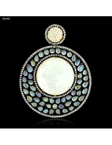 Bezel Set Labrodorite Pearl Pendant 14K Gold 925 Silver Diamond Jewelry Women de l' environnement