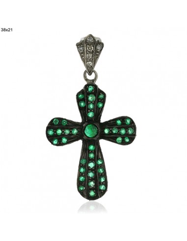 0.08ct Emerald Diamond 925 Silver Vintage Look Cross Sign Pendant Jewelry Gift acheter