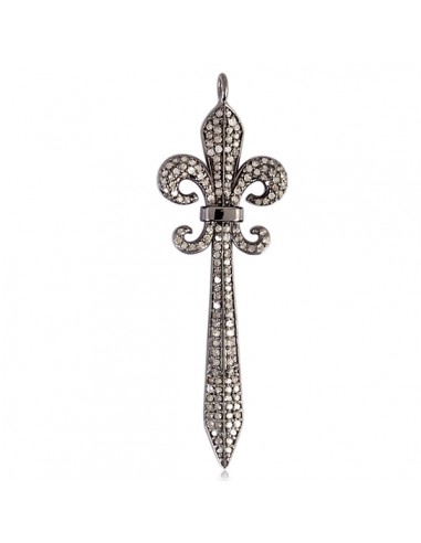 Fleur De Lis Sword Style 0.92ct Pave Diamond 925 Sterling Silver Pendant Jewelry store