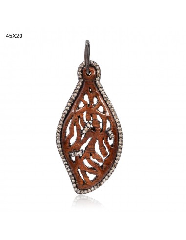 0.45ct Pave Diamond Carved Wood Necklace Pendant Sterling Silver Women's Jewelry hantent personnes