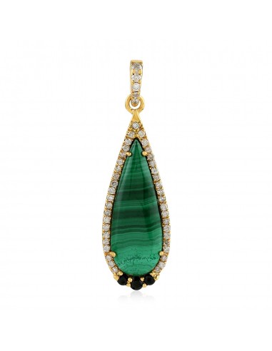 Teardrop Malachite Gemstone Pave Diamond Black Spinel Yellow Gold Pendant solde