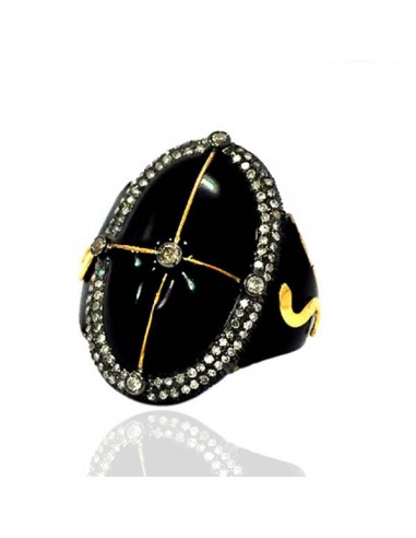 0.88Ct Natural Pave Diamond 18K Gold Sterling Silver Ring Black Enamel Jewelry pas chere