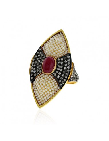 Cocktail Ring 4.6ct Ruby Pearl Pave Diamond 18k Gold 925 Sterling Silver Jewelry Les êtres humains sont 