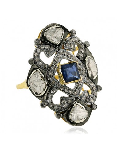 Rose Cut Diamond & Blue Sapphire Cocktail Ring 14k Gold 925 Silver Jewelry prix