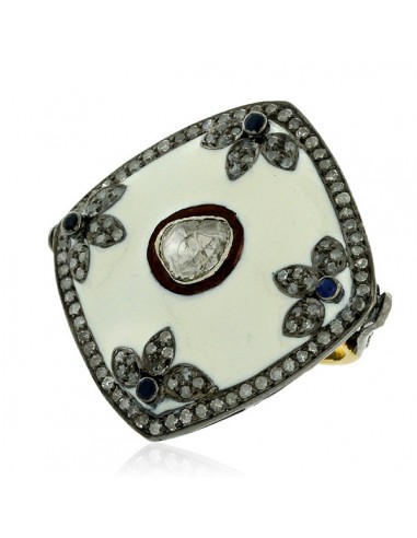 Leaf Design Studded Diamond Sapphire Ring 18k Gold 925 Silver Enamel Jewelry suggérées chez