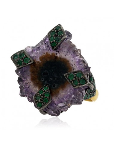 18kt Gold Amethyst Druzy Emerald Sterling Silver Cocktail Ring Designer Jewelry store