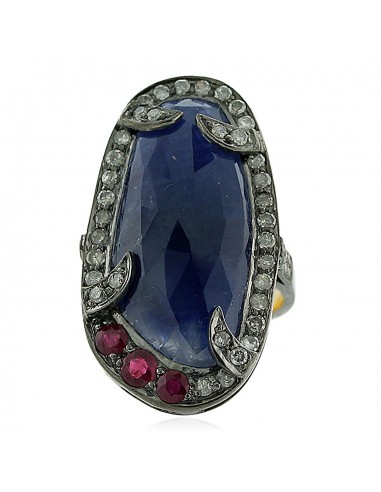 16ct Blue Sapphire Ruby Pave Diamond Cocktail Ring 18k Gold 925 Silver Jewelry paiement sécurisé