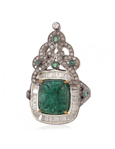 Carved Emerald Diamond Channel Setting Gold 925 Sterling Silver�Women Long Ring basket pas cher