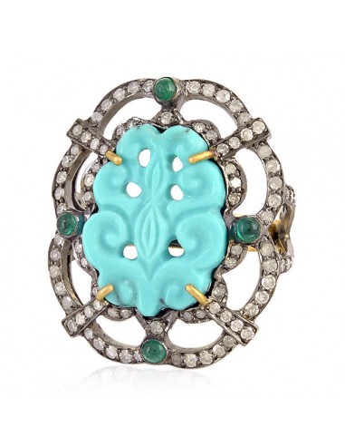 Turquoise Emerald Diamond Cocktail Ring 18k Gold 925 Sterling Silver Jewelry acheter en ligne