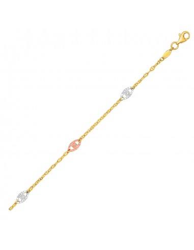 14k Three-Toned Yellow,  White,  and Rose Gold Anklet with Textured Ovals de France