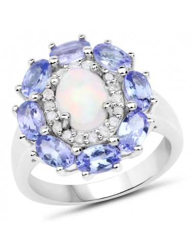 3.05 Carat Genuine Ethiopian Opal, Tanzanite and White Diamond .925 Sterling Silver Ring 2023