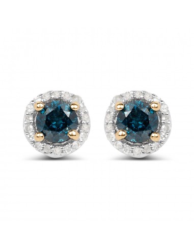 14K Yellow Gold Plated 0.65 Carat Genuine Blue Diamond and White Diamond .925 Sterling Silver Earrings basket pas cher