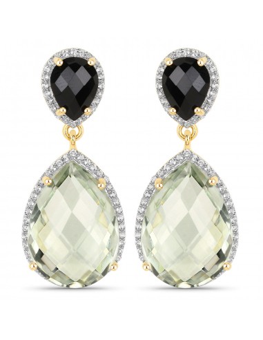 22.84 Carat Genuine Green Amethyst, Black Onyx and White Topaz .925 Sterling Silver Earrings en ligne des produits 